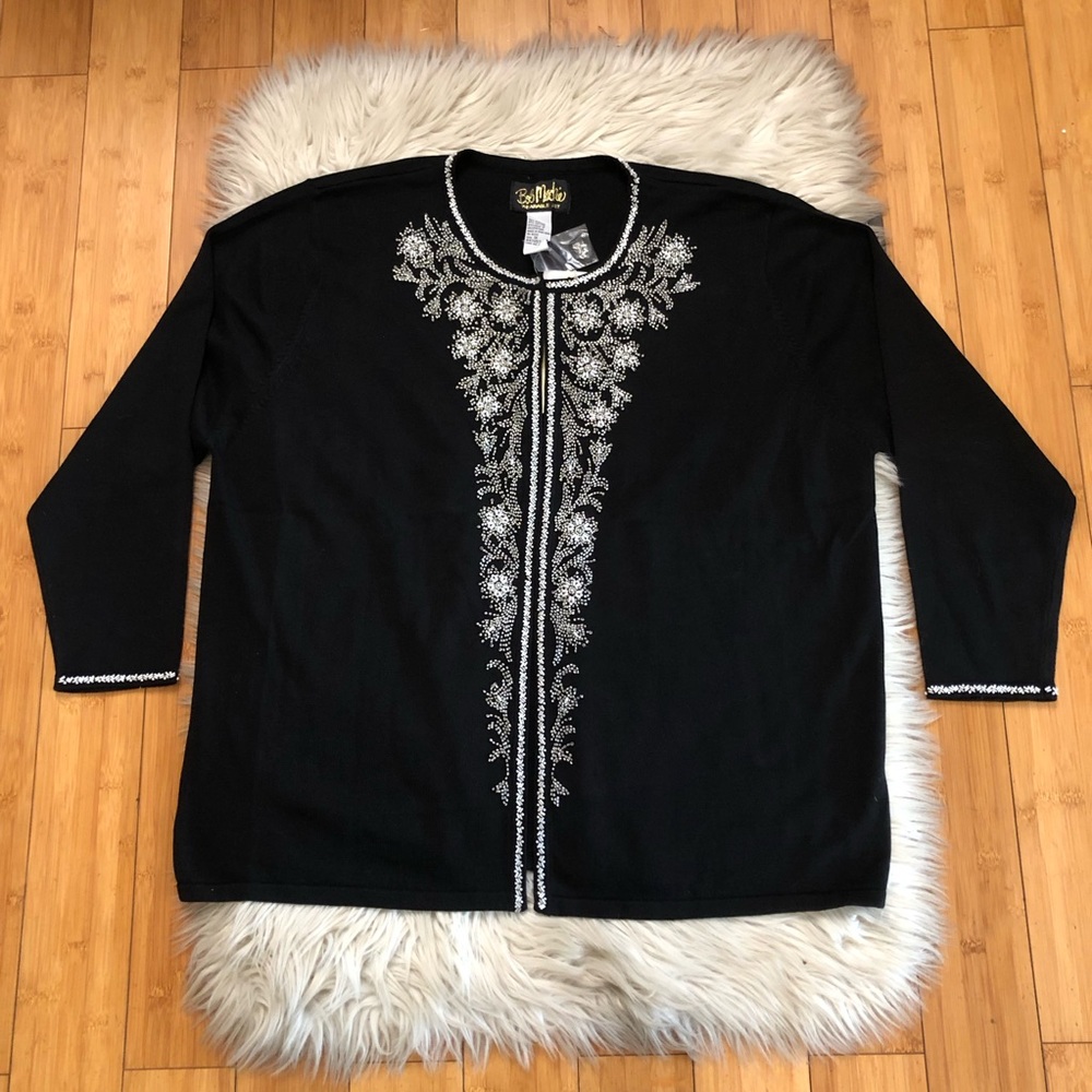 Bob MacKie Wearable Art Beaded Open Front Black Sweater Knit Jacket size 1X NWT